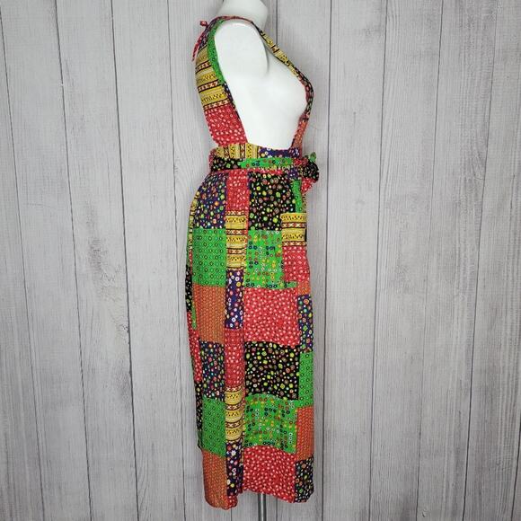 Vintage 70s Patchwork Wrap Pinafore Peekaboo Open Back Dress, size S/M - Picture 4 of 11